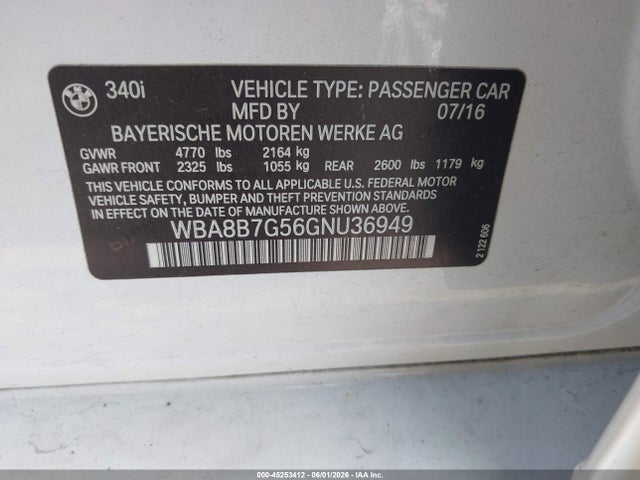 Auction sale of the 2016 Bmw 340i Xdrive, vin: WBA8B7G56GNU36949, lot number: 45253412