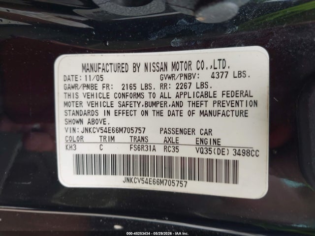 Продаж на аукціоні авто 2006 Infiniti G35, vin: JNKCV54E66M705757, номер лоту: 45253434