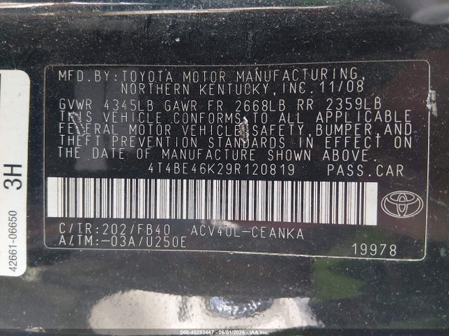 2009 Toyota Camry Le მანქანა იყიდება აუქციონზე, vin: 4T4BE46K29R120819, აუქციონის ნომერი: 45253447