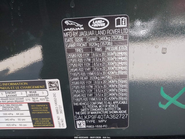 45253455 :رقم المزاد ، SALKP9F40TA362727 vin ، 2026 Land Rover Range Rover P550e Se مزاد بيع