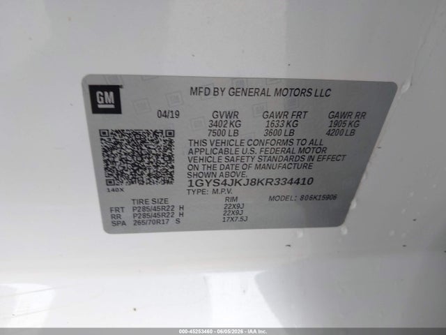 45253460 :رقم المزاد ، 1GYS4JKJ8KR334410 vin ، 2019 Cadillac Escalade Esv Premium Luxury مزاد بيع