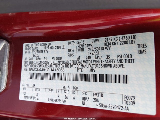 Продажа на аукционе авто 2016 Ford Escape Titanium, vin: 1FMCU0J91GUA15068, номер лота: 45253471