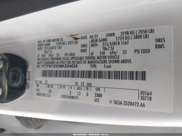 Продаж на аукціоні авто 2021 Ford F-150 Xlt, vin: 1FTFW1E85MKE04628, номер лоту: 45253492