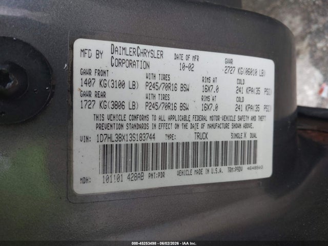 45253498 :رقم المزاد ، 1D7HL38X13S183744 vin ، 2003 Dodge Dakota Sport/sxt مزاد بيع