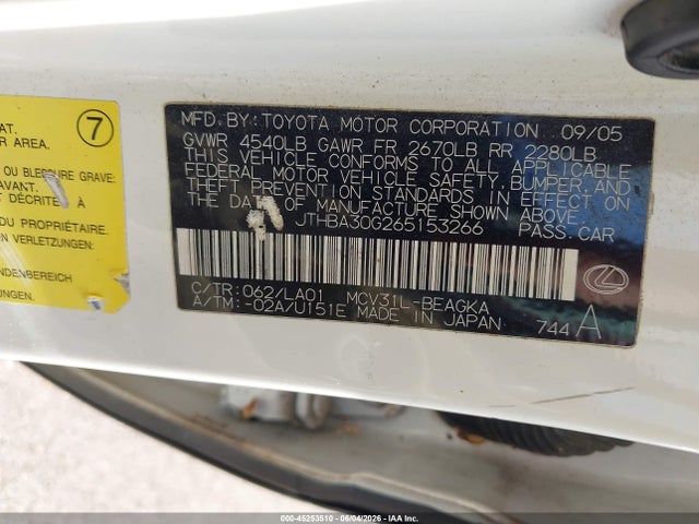 2006 Lexus Es 330 მანქანა იყიდება აუქციონზე, vin: JTHBA30G265153266, აუქციონის ნომერი: 45253510