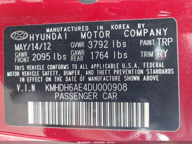 Aukcja sprzedaży 2013 Hyundai Elantra Se, vin: KMHDH6AE4DU000908, numer aukcji: 45253511