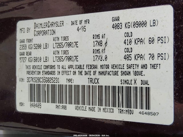 Продажа на аукционе авто 2005 Dodge Ram 2500 Slt/laramie, vin: 3D7KS28C35G825231, номер лота: 45253556
