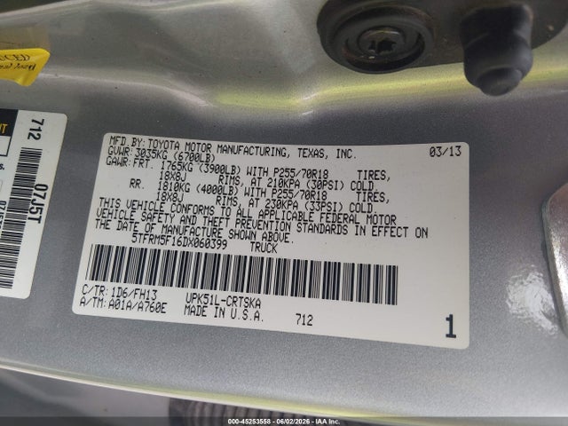 2013 Toyota Tundra Grade 4.6l V8 მანქანა იყიდება აუქციონზე, vin: 5TFRM5F16DX060399, აუქციონის ნომერი: 45253558