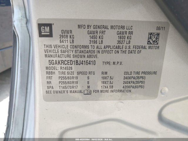 Продажа на аукционе авто 2011 Buick Enclave 2xl, vin: 5GAKRCED1BJ416410, номер лота: 45253564