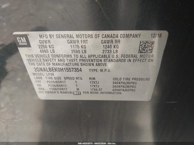 45253575 :رقم المزاد ، 2GNALBEK0H1557354 vin ، 2017 Chevrolet Equinox Ls مزاد بيع