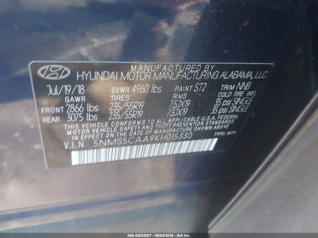 45253587 :رقم المزاد ، 5NMS5CAA9KH015330 vin ، 2019 Hyundai Santa Fe Ultimate 2.0t مزاد بيع