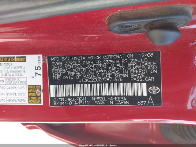 45253612 :رقم المزاد ، JTDKB20U097871678 vin ، 2009 Toyota Prius مزاد بيع