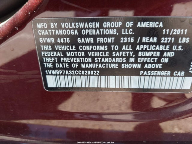 Aukcja sprzedaży 2012 Volkswagen Passat 2.5l Se, vin: 1VWBP7A32CC029022, numer aukcji: 45253624
