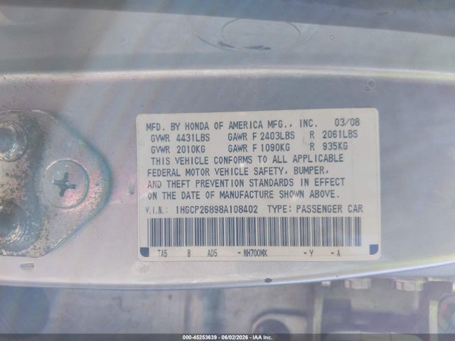 Продажа на аукционе авто 2008 Honda Accord 2.4 Ex-l, vin: 1HGCP26898A108402, номер лота: 45253639