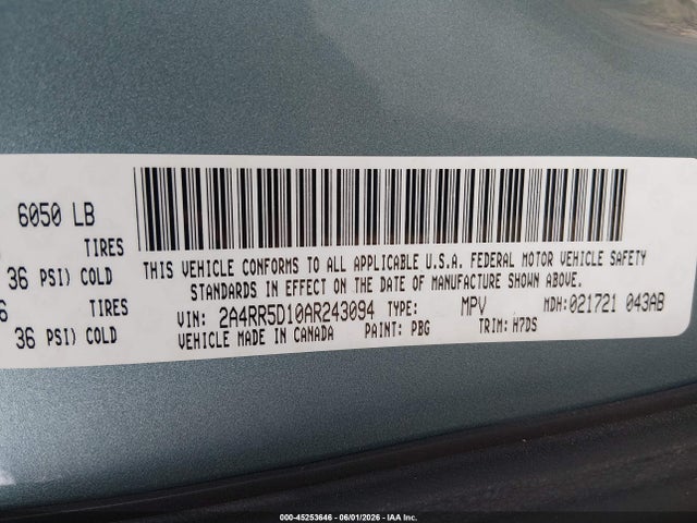 2010 Chrysler Town & Country Touring მანქანა იყიდება აუქციონზე, vin: 2A4RR5D10AR243094, აუქციონის ნომერი: 45253646