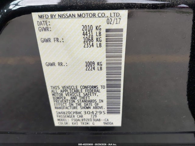 Продажа на аукционе авто 2017 Nissan Leaf S, vin: 1N4BZ0CP8HC304295, номер лота: 45253658