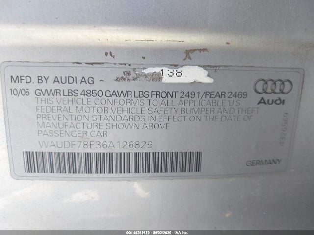2006 Audi A4 2.0t მანქანა იყიდება აუქციონზე, vin: WAUDF78E36A126829, აუქციონის ნომერი: 45253659