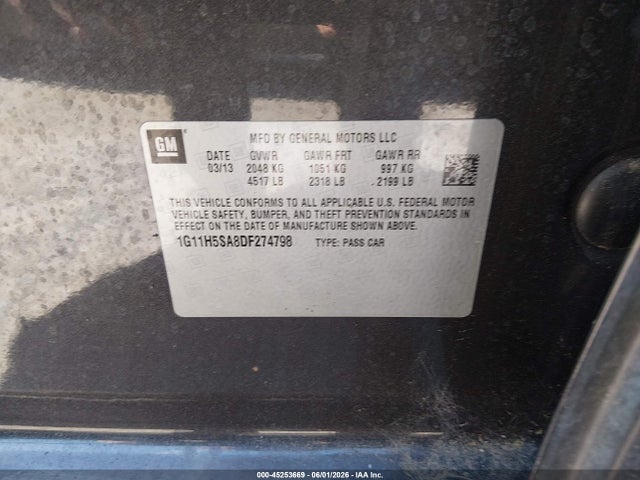 2013 Chevrolet Malibu 1lz მანქანა იყიდება აუქციონზე, vin: 1G11H5SA8DF274798, აუქციონის ნომერი: 45253669
