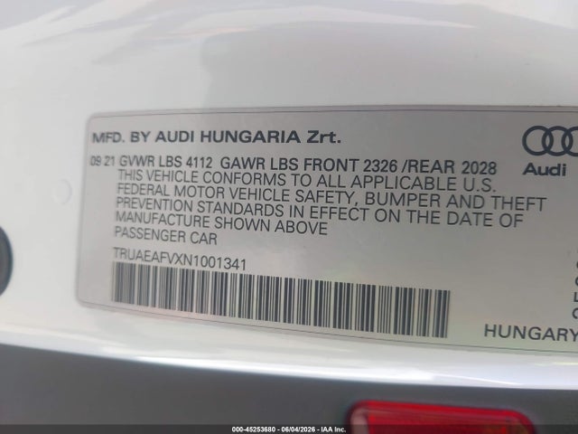 TRUAEAFVXN1001341 Audi Tt 45 Tfsi Quattro S Tronic