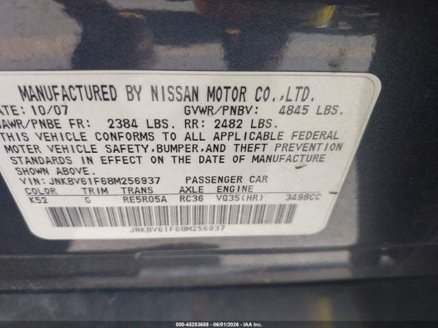 45253688 :رقم المزاد ، JNKBV61F68M256937 vin ، 2008 Infiniti G35x مزاد بيع