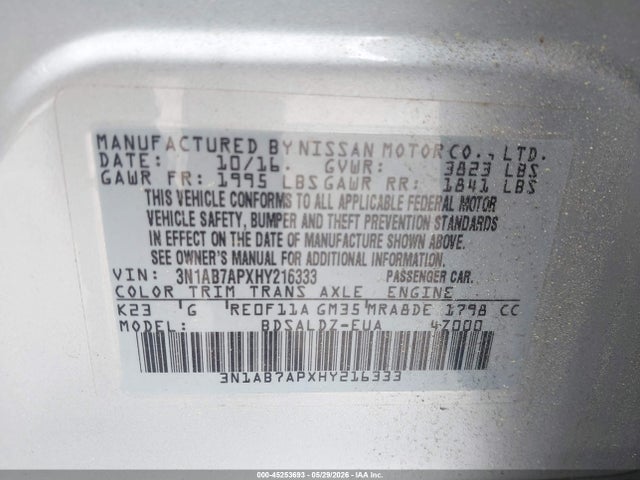 Aukcja sprzedaży 2017 Nissan Sentra Sv, vin: 3N1AB7APXHY216333, numer aukcji: 45253693
