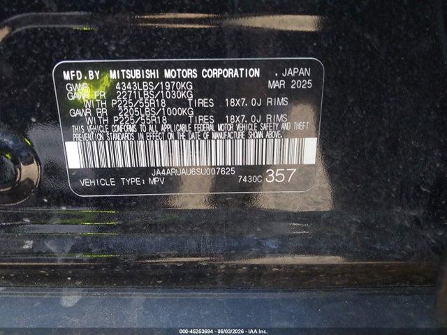 2025 Mitsubishi Outlander Sport 2.0 Le Awc მანქანა იყიდება აუქციონზე, vin: JA4ARUAU6SU007625, აუქციონის ნომერი: 45253694