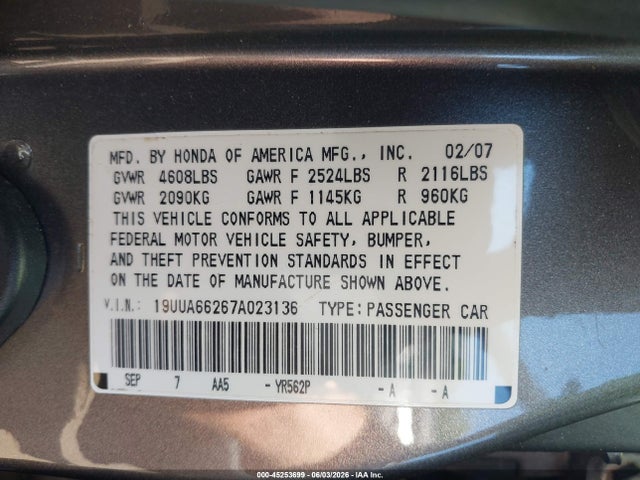 2007 Acura Tl 3.2 მანქანა იყიდება აუქციონზე, vin: 19UUA66267A023136, აუქციონის ნომერი: 45253699