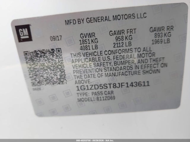 Продажа на аукционе авто 2018 Chevrolet Malibu Lt, vin: 1G1ZD5ST8JF143611, номер лота: 45253700