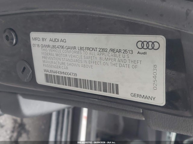 Aukcja sprzedaży 2017 Audi A4 2.0t Premium, vin: WAUENAF43HN004739, numer aukcji: 45253702