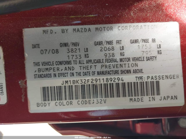Aukcja sprzedaży 2009 Mazda Mazda3 I, vin: JM1BK32F291189294, numer aukcji: 45253717