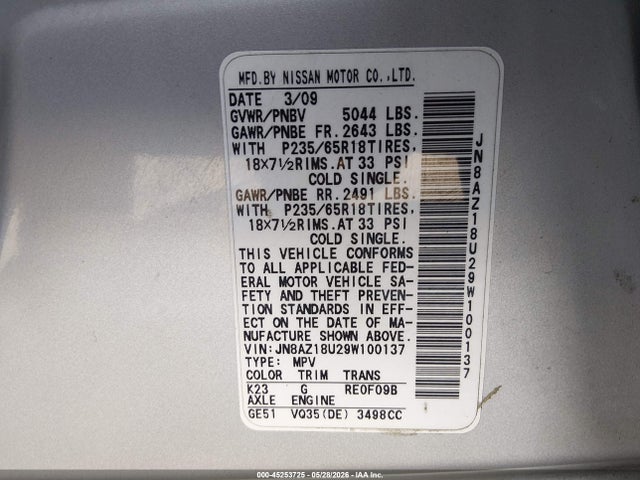 Aukcja sprzedaży 2009 Nissan Murano Sl, vin: JN8AZ18U29W100137, numer aukcji: 45253725