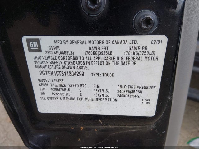 Продажа на аукционе авто 2001 Gmc Sierra 1500 Sle, vin: 2GTEK19T311304299, номер лота: 45253726