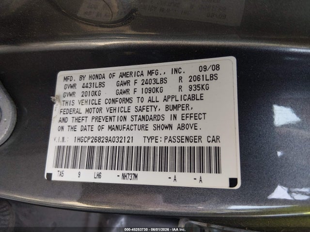 2009 Honda Accord 2.4 Ex-l მანქანა იყიდება აუქციონზე, vin: 1HGCP26829A032121, აუქციონის ნომერი: 45253730