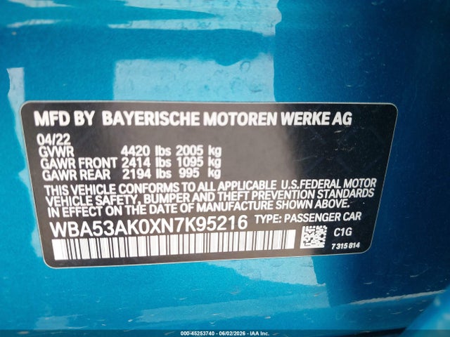 45253740 :رقم المزاد ، WBA53AK0XN7K95216 vin ، 2022 Bmw 228 Gran Coupe I Sdrive مزاد بيع