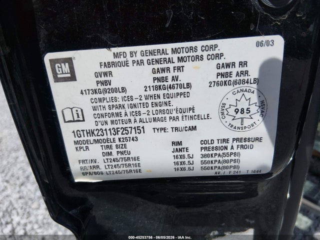 45253756 :رقم المزاد ، 1GTHK23113F257151 vin ، 2003 Gmc Sierra 2500hd Sle/slt مزاد بيع