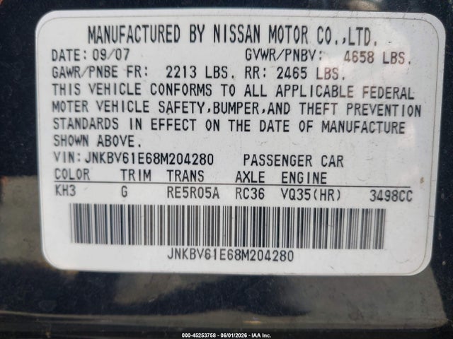 Продажа на аукционе авто 2008 Infiniti G35 Journey, vin: JNKBV61E68M204280, номер лота: 45253758