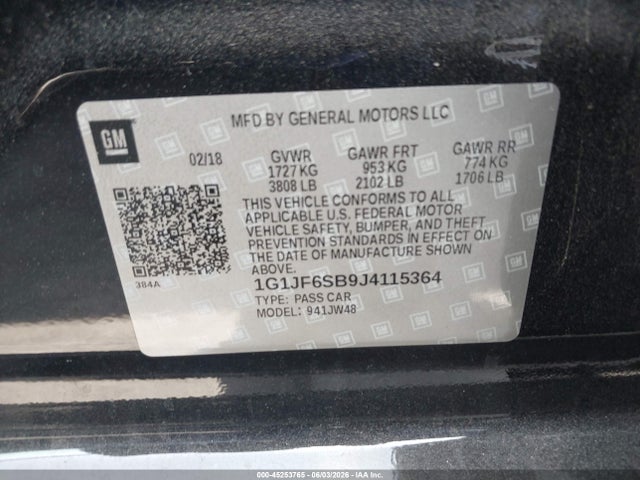Aukcja sprzedaży 2018 Chevrolet Sonic Premier Auto, vin: 1G1JF6SB9J4115364, numer aukcji: 45253765