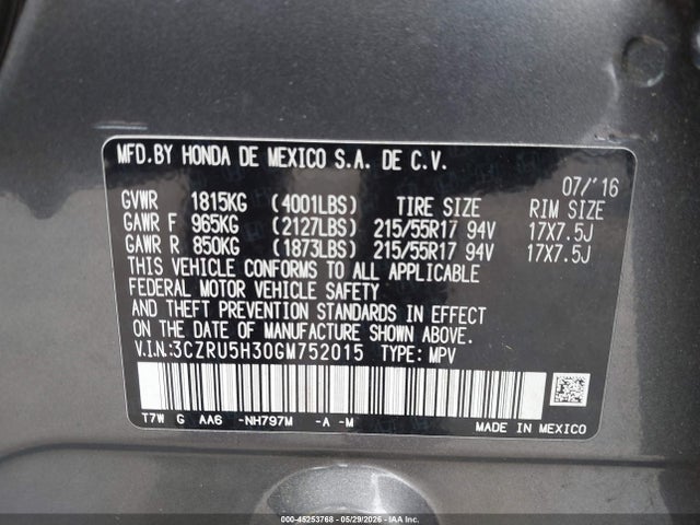 Продаж на аукціоні авто 2016 Honda Hr-v Lx, vin: 3CZRU5H30GM752015, номер лоту: 45253768