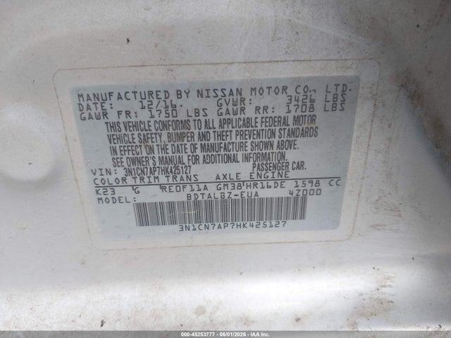 Aukcja sprzedaży 2017 Nissan Versa 1.6 Sv, vin: 3N1CN7AP7HK425127, numer aukcji: 45253777
