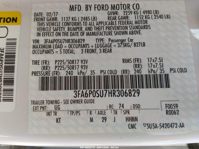Продаж на аукціоні авто 2017 Ford Fusion Energi Titanium, vin: 3FA6P0SU7HR306829, номер лоту: 45253778
