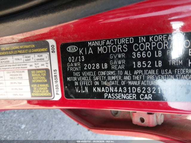 2013 Kia Rio Ex მანქანა იყიდება აუქციონზე, vin: KNADN4A31D6232111, აუქციონის ნომერი: 45253781