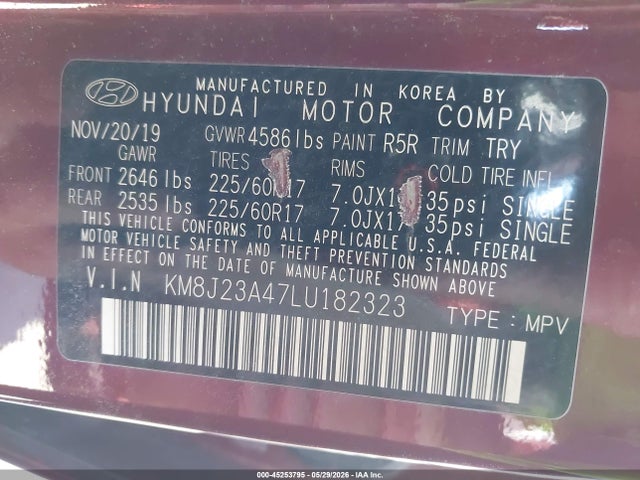 45253795 :رقم المزاد ، KM8J23A47LU182323 vin ، 2020 Hyundai Tucson Se مزاد بيع
