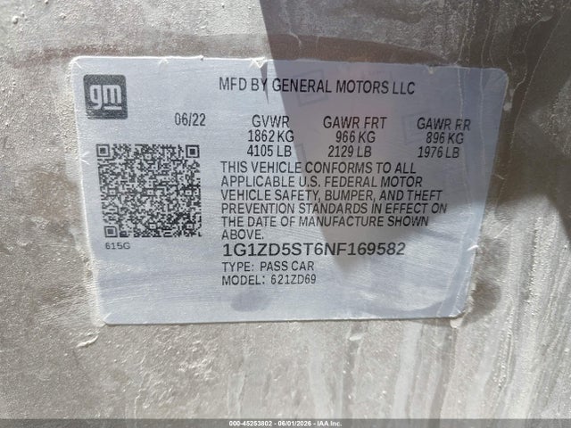 45253802 :رقم المزاد ، 1G1ZD5ST6NF169582 vin ، 2022 Chevrolet Malibu Fwd Lt مزاد بيع