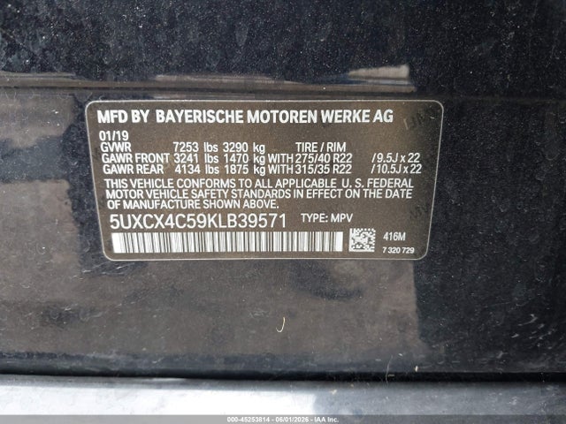 45253814 :رقم المزاد ، 5UXCX4C59KLB39571 vin ، 2019 Bmw X7 Xdrive50i مزاد بيع