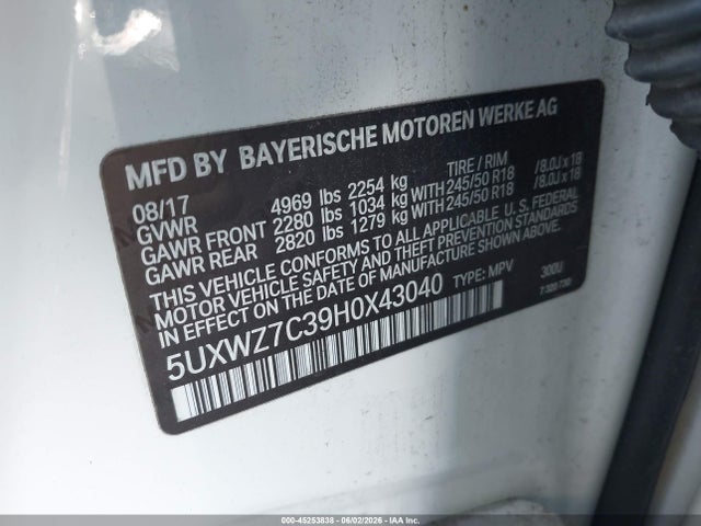 Aukcja sprzedaży 2017 Bmw X3 Sdrive28i, vin: 5UXWZ7C39H0X43040, numer aukcji: 45253838