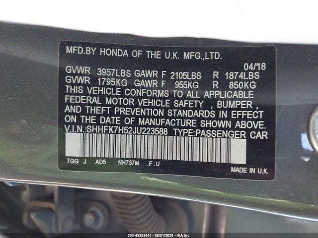 Honda CIVIC EX 2018 SHHFK7H52JU223588 Image 9