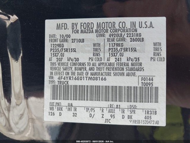 Aukcja sprzedaży 2001 Mazda B3000 Ds/se, vin: 4F4YR16E01TM08166, numer aukcji: 45253872