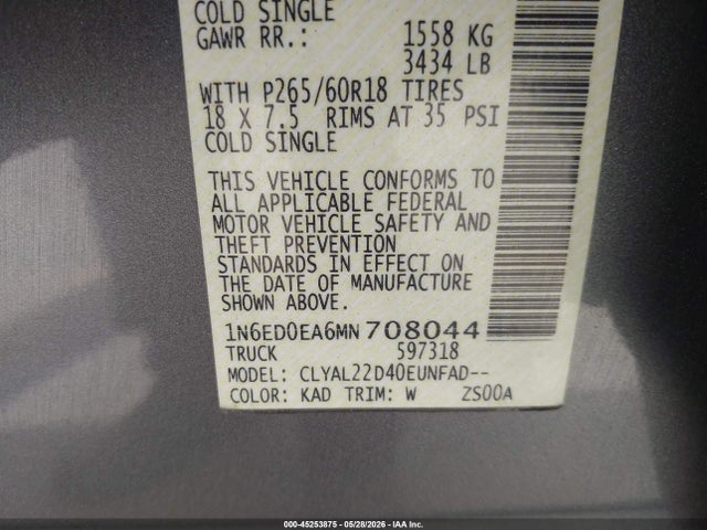 1N6ED0EA6MN708044 Nissan Frontier Sv 4x2