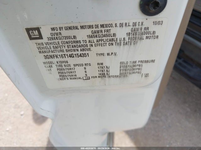 45253878 :رقم المزاد ، 3GNFK16T14G154351 vin ، 2004 Chevrolet Suburban 1500 Z71 مزاد بيع