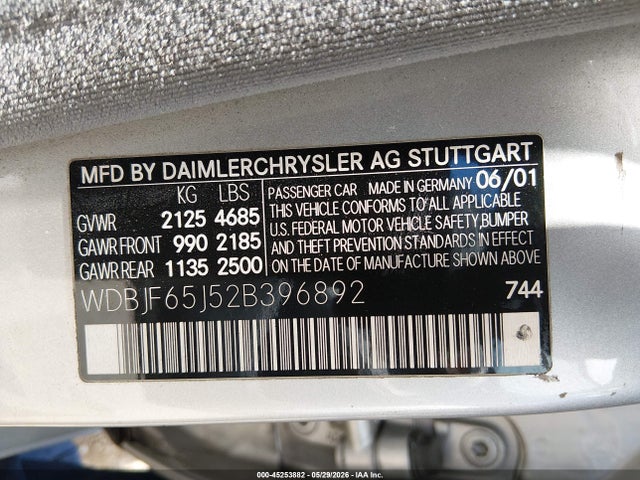 45253882 :رقم المزاد ، WDBJF65J52B396892 vin ، 2002 Mercedes-benz E 320 Special Edition مزاد بيع